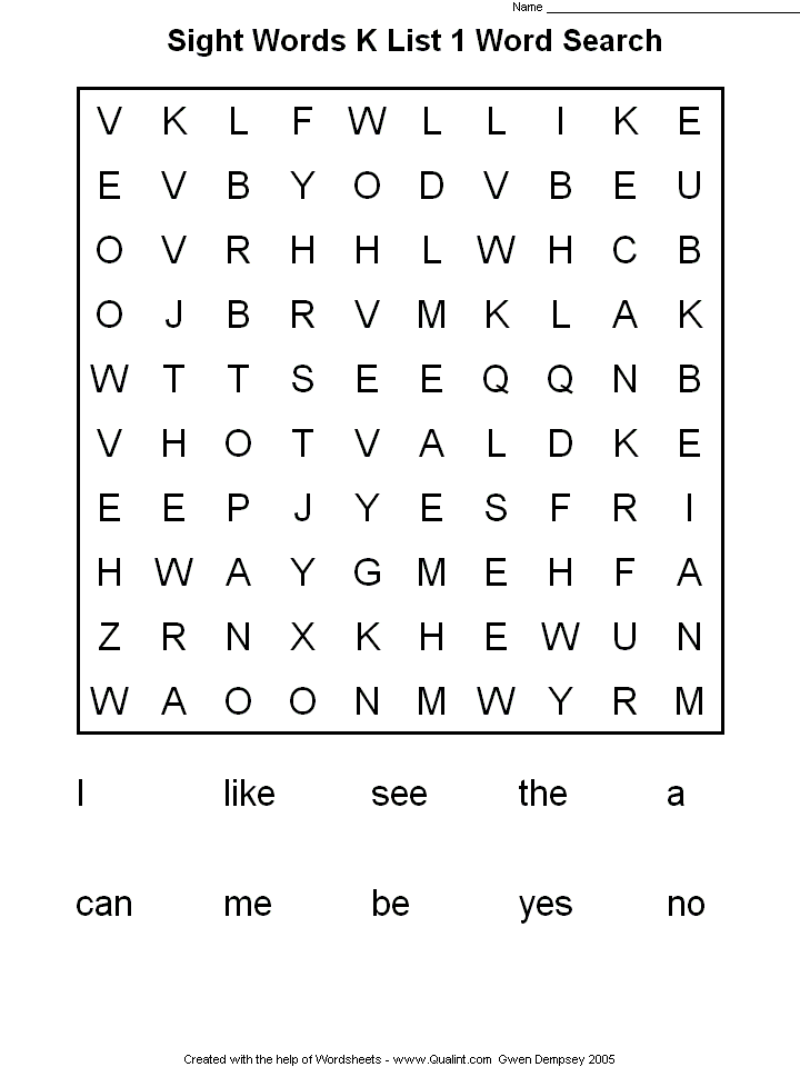 Words Kindergarten Sight worksheets word sight list